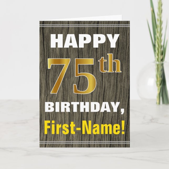 Faux Wood, Faux Guld 75:e Birthday + Namn Kort (Framsida)