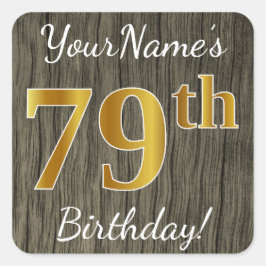 Faux Wood, Faux Guld 79 Birthday + Custom Name Fyrkantigt Klistermärke