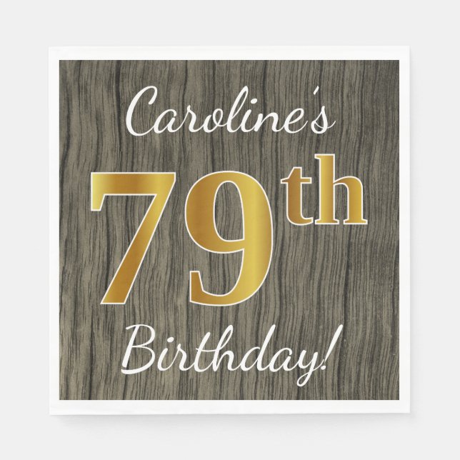 Faux Wood, Faux Guld 79 Birthday + Custom Name Pappersservett (Framsidan)