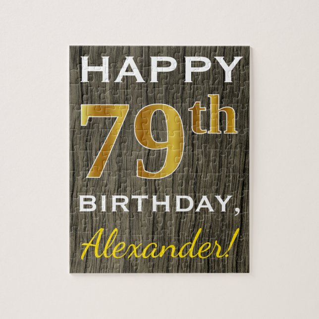 Faux Wood, Faux Guld 79 Birthday + Custom Name Pussel (Vertikal)