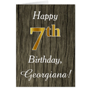 Faux Wood, Faux Guld 7:e Birthday + Custom Name Hälsningskort