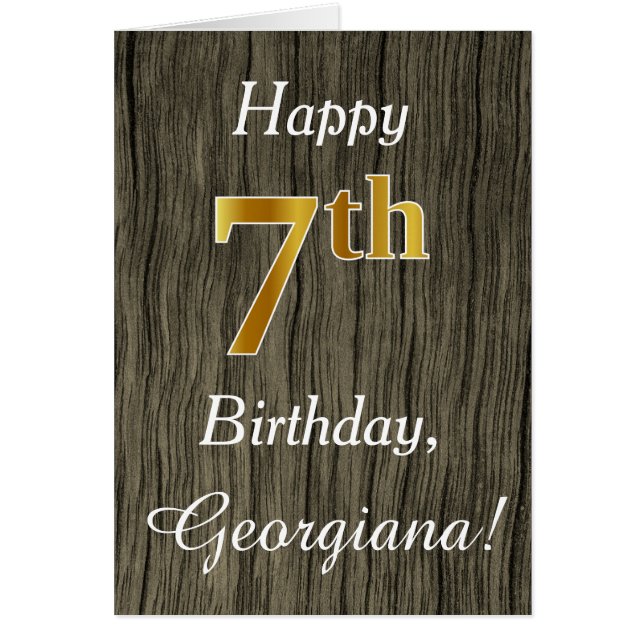 Faux Wood, Faux Guld 7:e Birthday + Custom Name Hälsningskort (Framsidan)