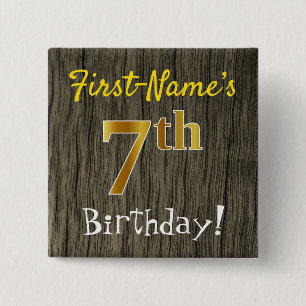 Faux Wood, Faux Guld 7:e Birthday + Custom Name Knapp