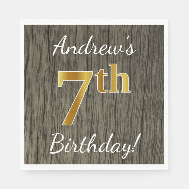 Faux Wood, Faux Guld 7:e Birthday + Custom Name Pappersservett (Framsidan)