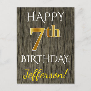 Faux Wood, Faux Guld 7:e Birthday + Custom Name Vykort