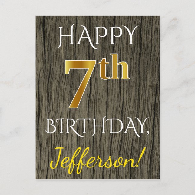 Faux Wood, Faux Guld 7:e Birthday + Custom Name Vykort (Framsida)