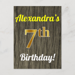 Faux Wood, Faux Guld 7:e Birthday & Custom Name Vykort
