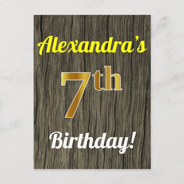 Faux Wood, Faux Guld 7:e Birthday & Custom Name Vykort (Framsida)
