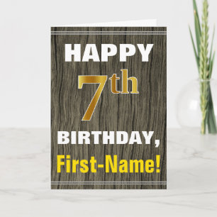 Faux Wood, Faux Guld 7:e Birthday + Namn Kort