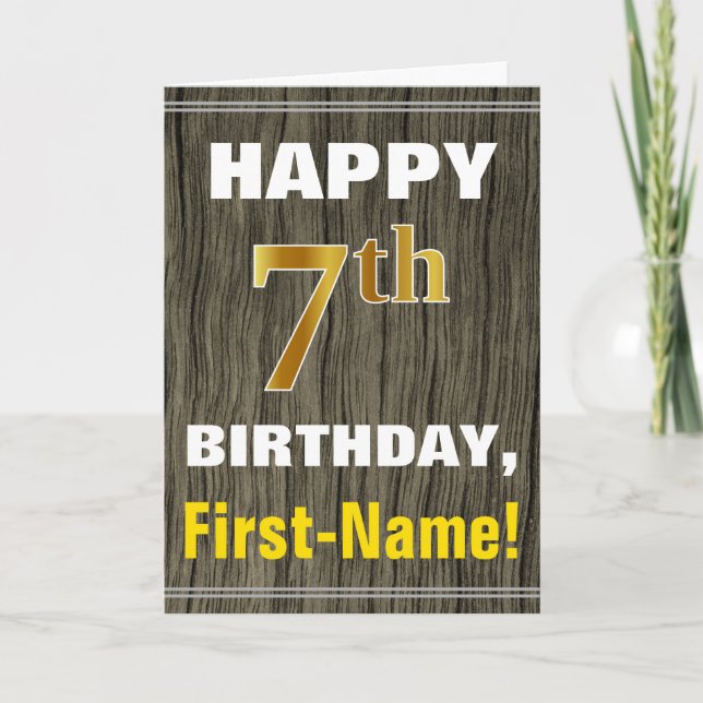 Faux Wood, Faux Guld 7:e Birthday + Namn Kort (Framsida)