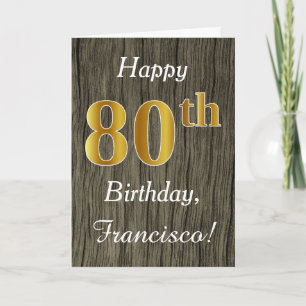 Faux Wood, Faux Guld 80 Birthday + Custom Name Kort