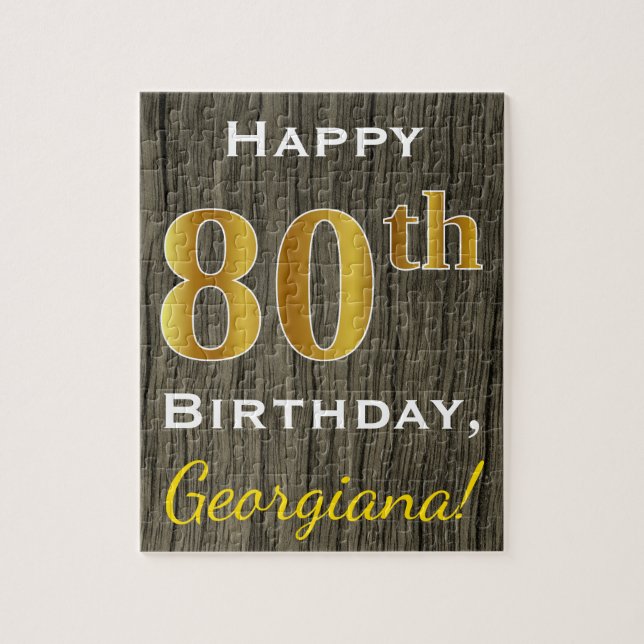 Faux Wood, Faux Guld 80 Birthday + Custom Name Pussel (Vertikal)