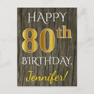 Faux Wood, Faux Guld 80 Birthday + Custom Name Vykort