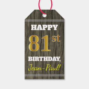 Faux Wood, Faux Guld 81st Birthday + Custom Name Presentetikett