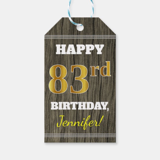 Faux Wood, Faux Guld 83 Birthday + Custom Name Presentetikett (Framsidan)