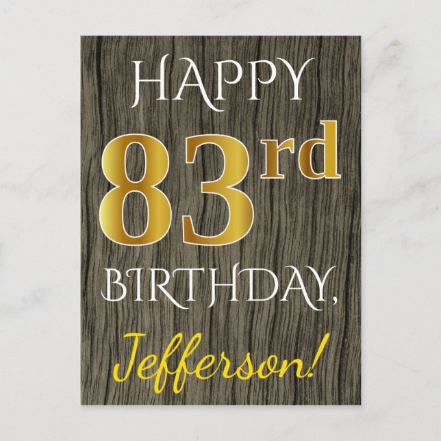 Faux Wood, Faux Guld 83 Birthday + Custom Name Vykort (Framsida)