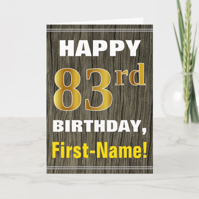 Faux Wood, Faux Guld 83:e födelsedagen + Namn Kort (Framsida)