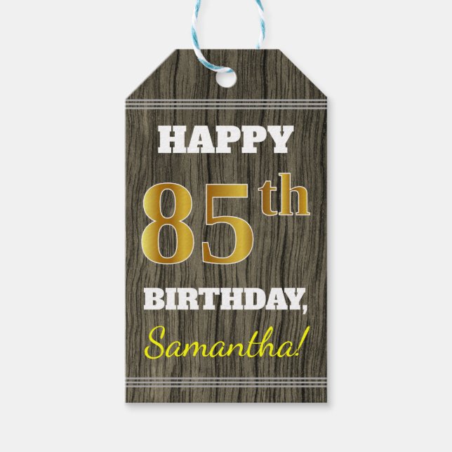 Faux Wood, Faux Guld 85 Birthday + Custom Name Presentetikett (Framsidan)