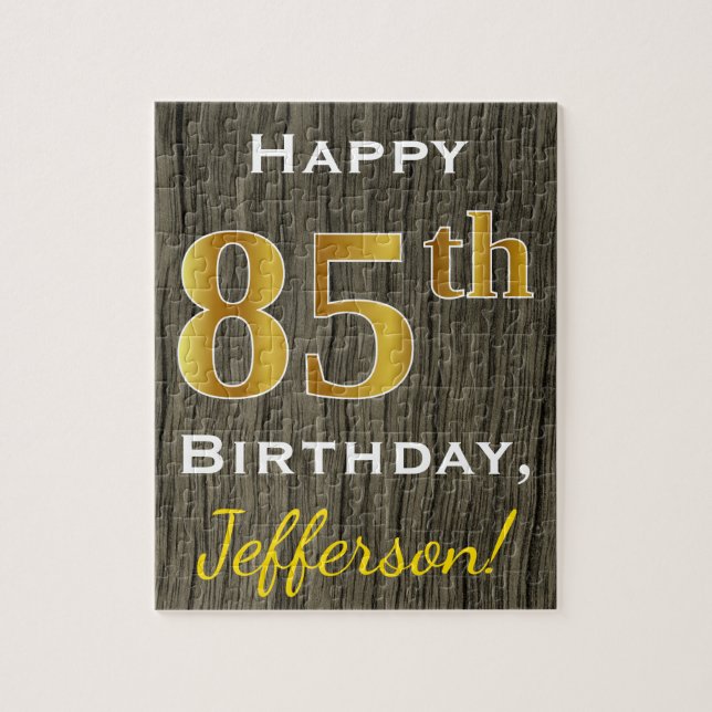 Faux Wood, Faux Guld 85 Birthday + Custom Name Pussel (Vertikal)