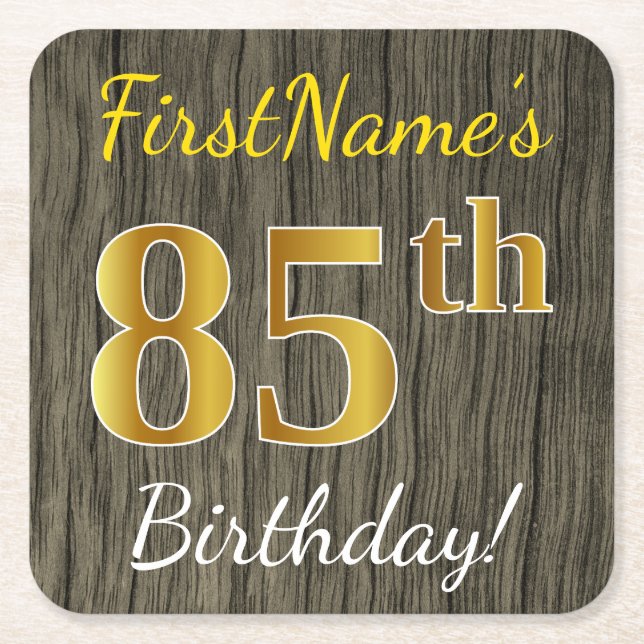 Faux Wood, Faux Guld 85 Birthday + Custom Name Underlägg Papper Kvadrat (Framsidan)