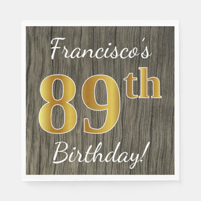 Faux Wood, Faux Guld 89 Birthday + Custom Name Pappersservett (Framsidan)