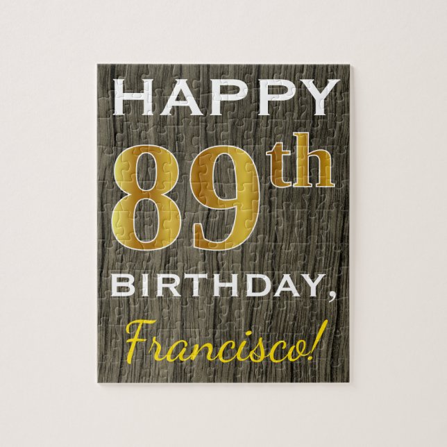 Faux Wood, Faux Guld 89 Birthday + Custom Name Pussel (Vertikal)