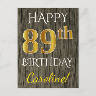 Faux Wood, Faux Guld 89 Birthday + Custom Name Vykort