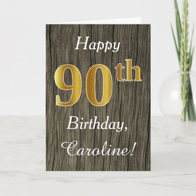 Faux Wood, Faux Guld 90:e Birthday + Custom Name Kort (Framsida)