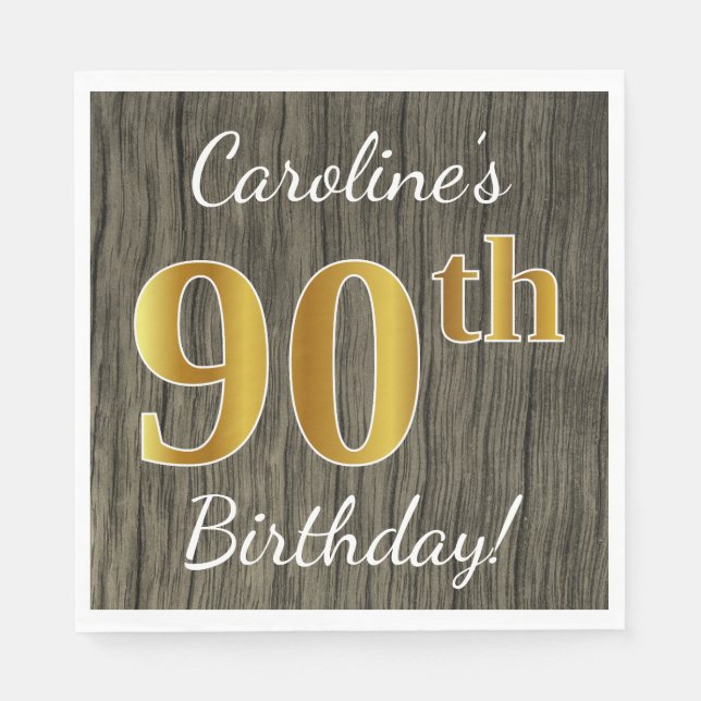 Faux Wood, Faux Guld 90:e Birthday + Custom Name Pappersservett (Framsidan)