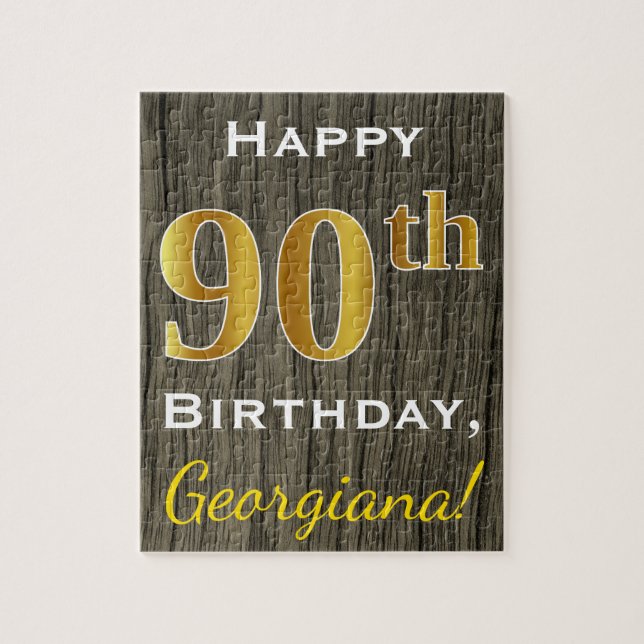 Faux Wood, Faux Guld 90:e Birthday + Custom Name Pussel (Vertikal)