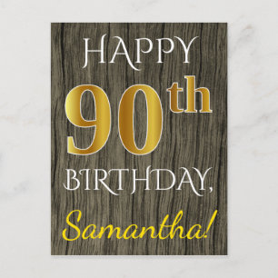 Faux Wood, Faux Guld 90:e Birthday + Custom Name Vykort