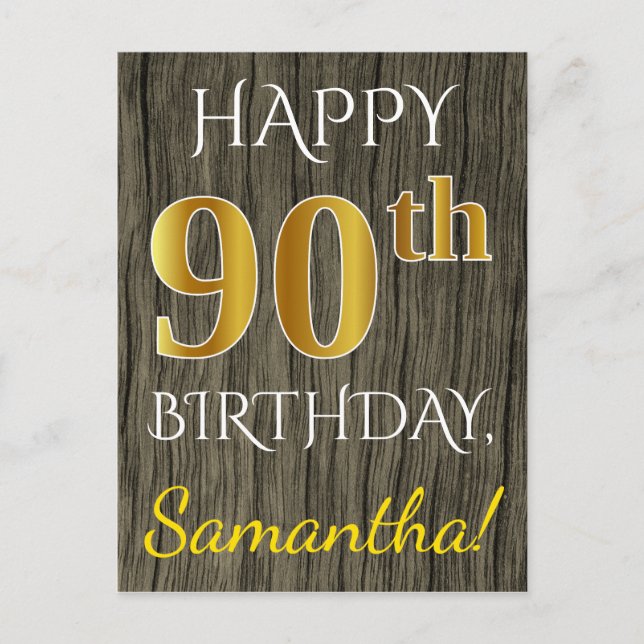Faux Wood, Faux Guld 90:e Birthday + Custom Name Vykort (Framsida)