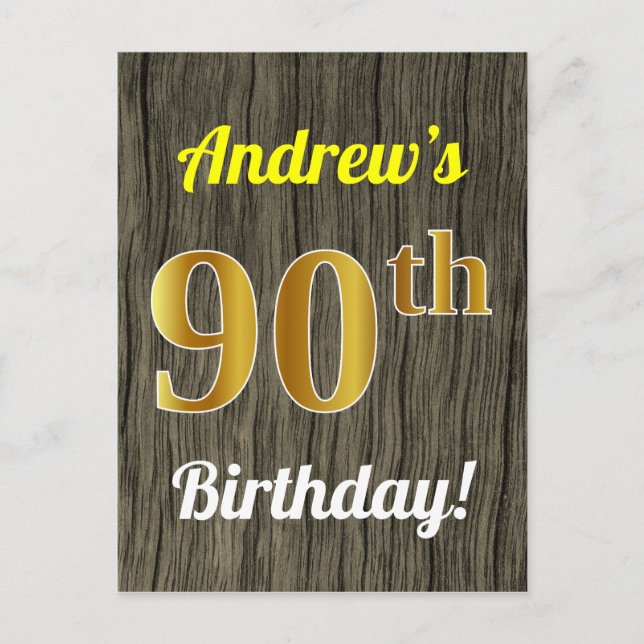 Faux Wood, Faux Guld 90:e Birthday & Custom Name Vykort (Framsida)