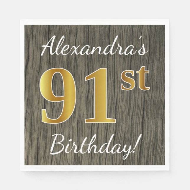Faux Wood, Faux Guld 91st Birthday + Custom Name Pappersservett (Framsidan)