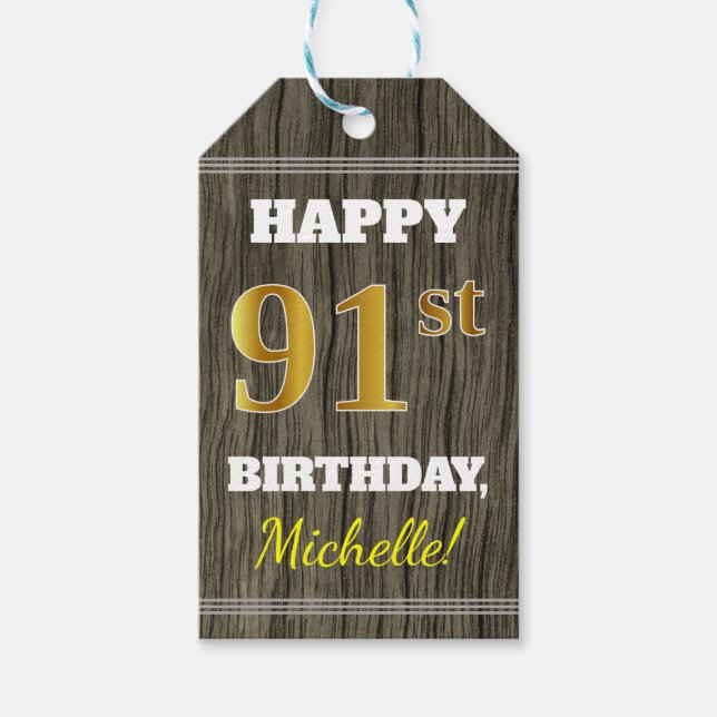 Faux Wood, Faux Guld 91st Birthday + Custom Name Presentetikett (Framsidan)