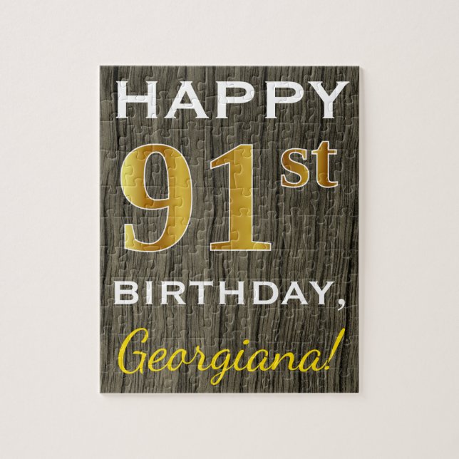 Faux Wood, Faux Guld 91st Birthday + Custom Name Pussel (Vertikal)