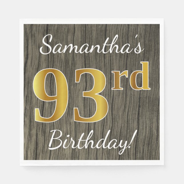 Faux Wood, Faux Guld 93 Birthday + Custom Name Pappersservett (Framsidan)
