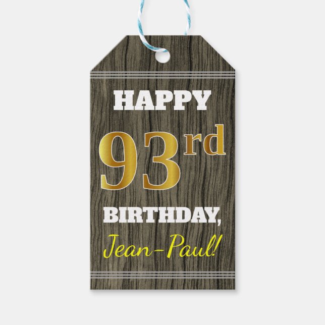 Faux Wood, Faux Guld 93 Birthday + Custom Name Presentetikett (Framsidan)