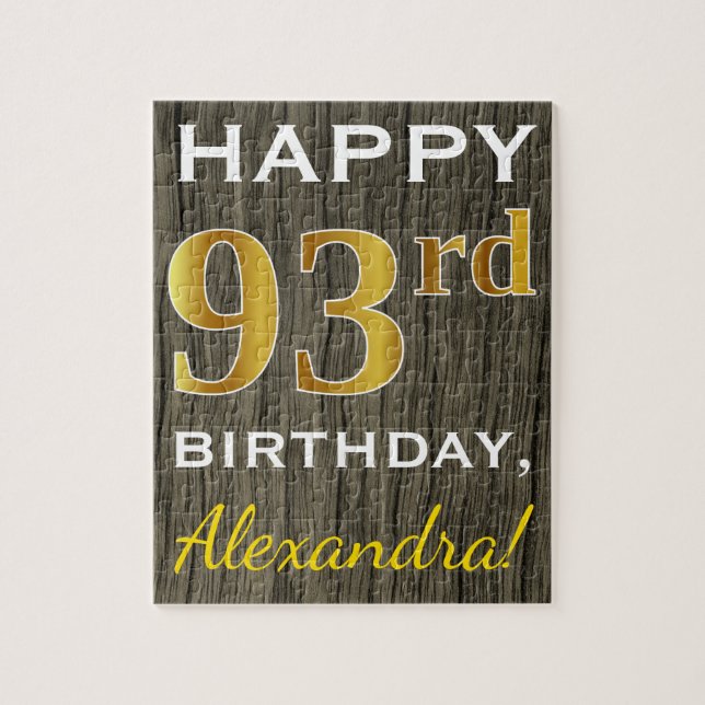 Faux Wood, Faux Guld 93 Birthday + Custom Name Pussel (Vertikal)