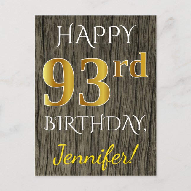 Faux Wood, Faux Guld 93 Birthday + Custom Name Vykort (Framsida)
