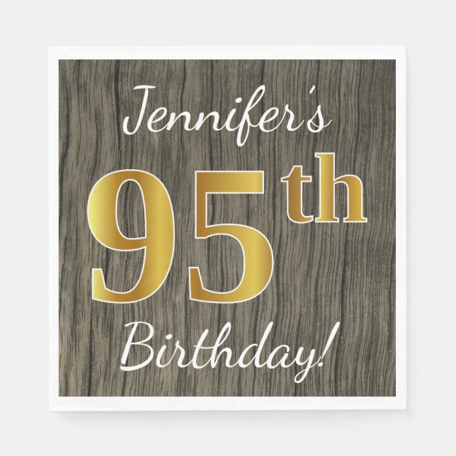 Faux Wood, Faux Guld 95 Birthday + Custom Name Pappersservett (Framsidan)