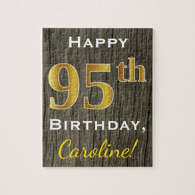 Faux Wood, Faux Guld 95 Birthday + Custom Name Pussel (Vertikal)
