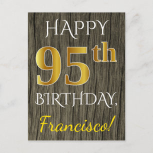 Faux Wood, Faux Guld 95 Birthday + Custom Name Vykort
