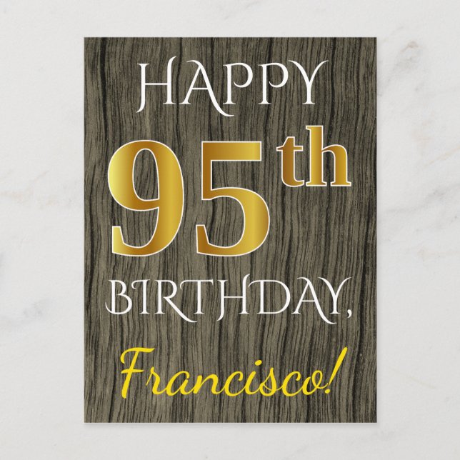 Faux Wood, Faux Guld 95 Birthday + Custom Name Vykort (Framsida)