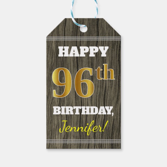 Faux Wood, Faux Guld 96:e födelsedagen + eget namn Presentetikett (Framsidan)