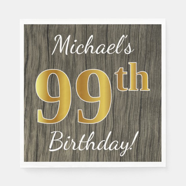 Faux Wood, Faux Guld 99 Birthday + Custom Name Pappersservett (Framsidan)