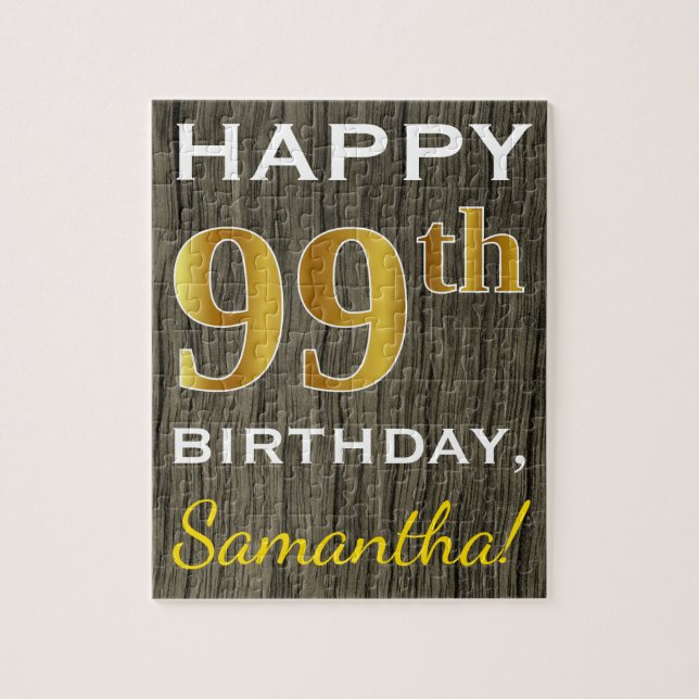 Faux Wood, Faux Guld 99 Birthday + Custom Name Pussel (Vertikal)