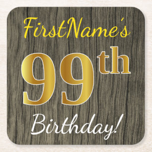 Faux Wood, Faux Guld 99 Birthday + Custom Name Underlägg Papper Kvadrat