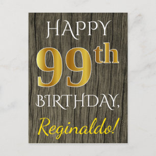 Faux Wood, Faux Guld 99 Birthday + Custom Name Vykort