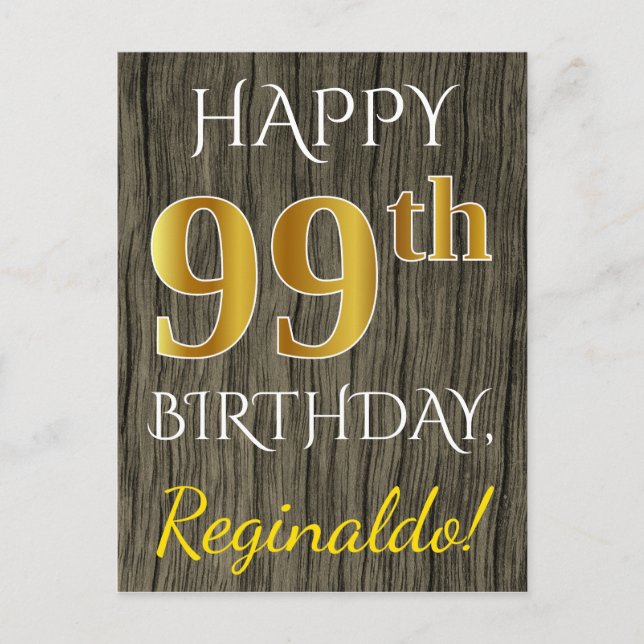 Faux Wood, Faux Guld 99 Birthday + Custom Name Vykort (Framsida)